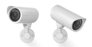 3d vector white safety security video spy camera. Cctv system equipment illustration for watch and recording hidden on street building wall. Realistic header concept for protect and observe privacy