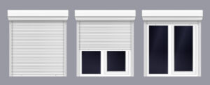 Window with roller shutter up and close. Plastic pvc double casement blinds. Opened and shut front view. Home facade design elements isolated on transparent background realistic 3d vector illustration